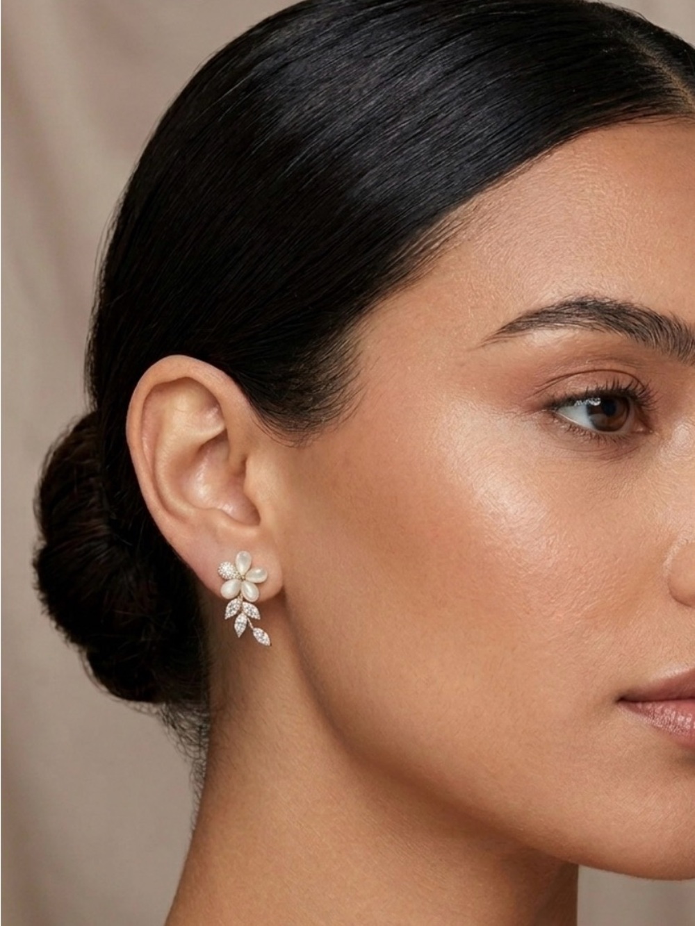 White Cat Eye Flower CZ Crystal Marquise Leaf Drop Stud Earrings